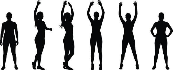 Female fitness silhouettes in multiple poses, exercise, gym, workout, training, yoga, health, strength, lifestyle, active body, sports, physical activity