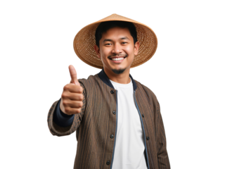 Enthusiastic farmer portrait on isolated background, radiating positivity with confident thumbs up