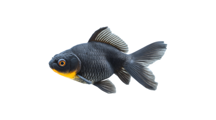 A vibrant black moor goldfish swimming gracefully in a clear aquatic environment
