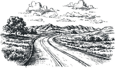 Fototapeta premium Winding road through grassy hills towards distant mountains under cloudy sky