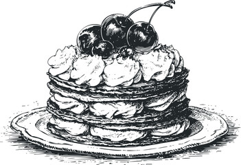 Hand drawn sketch of a layered cake with cherries and whipped cream