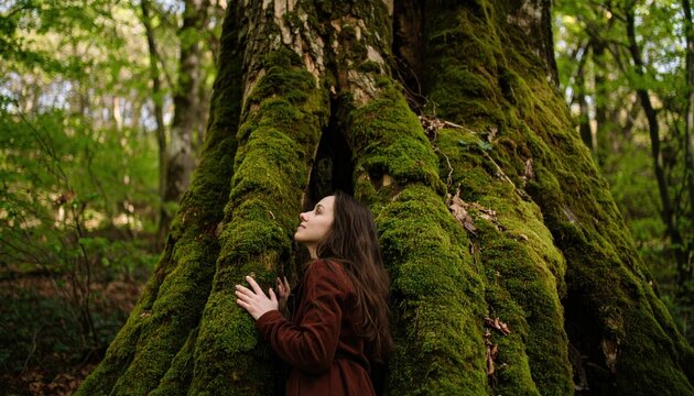 Woman embracing a mossy forest tree