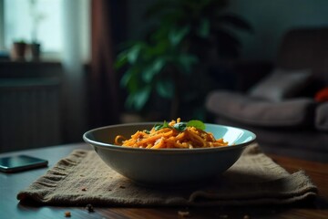 Empty bowl, untouched food, dim lighting, messy apartment, conveying feelings of profound sadness and lack of appetite associated with depression , food waste, messy, exhaustion