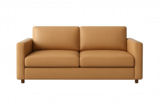 Leather sofa in warm brown tone, positioned against transparent backdrop for design rendering