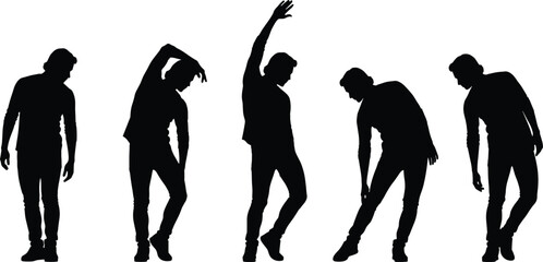 Silhouette man stretching, fitness workout, exercise routine, healthy lifestyle, warm up, body movement, physical activity, gym training, flexibility, wellness, yoga