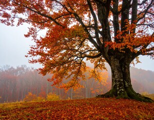 Autumn tree in misty forest