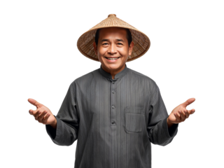 Portrait of a joyful asian farmer with traditional hat, presenting something invisible with a