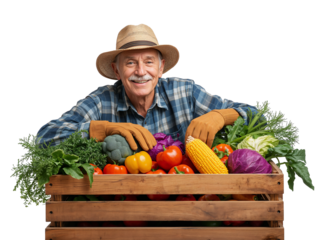 Smiling farmer with a bountiful harvest in a wooden crate on a clean background