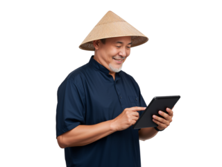 Modern farmer uses tablet, showcasing digital farming and agricultural technology on transparent