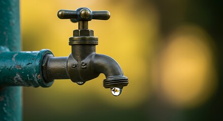 Antique Brass Water Faucet with Dripping Water Drop Illustrating Water Conservation and Environmental Responsibility Concepts