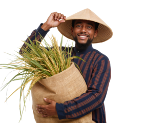 Smiling farmer with rice harvest in woven bag, representing agricultural success and cultural
