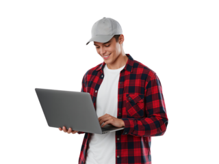 Engaging young man interacting with laptop technology in casual attire smiling in studio shot with