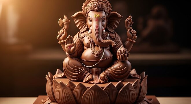 Ganesha statue sitting on a lotus flower, a Hindu god of wisdom and prosperity.