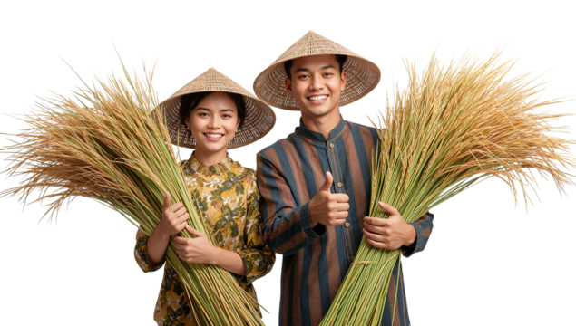 Couple in traditional Asian clothing holding bundles of harvested rice with proud smiles on an