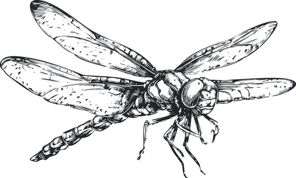 Detailed black and white sketch of a dragonfly with open wings