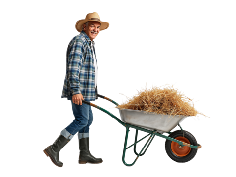Happy senior farmer pushing wheelbarrow full of hay on isolated transparent background