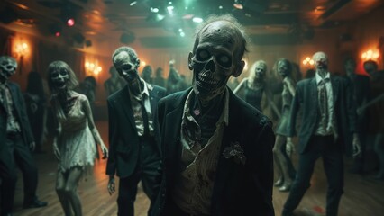 Fototapeta premium Undead Ballroom Blitz: Ghoulish Zombies Dance in Dimly Lit Hall