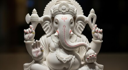 Fototapeta premium A detailed, close-up view of a white, intricately carved statue of the Hindu deity Ganesha.