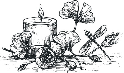 Stylized Black and White Drawing of a Lit Candle with Ginkgo Leaves and a Dragonfly