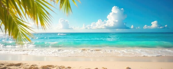 Obraz premium Tropical Beach Paradise Golden Sand, Turquoise Ocean, Vibrant Summer Sky - Perfect for Travel, Vacation, and Summer Designs