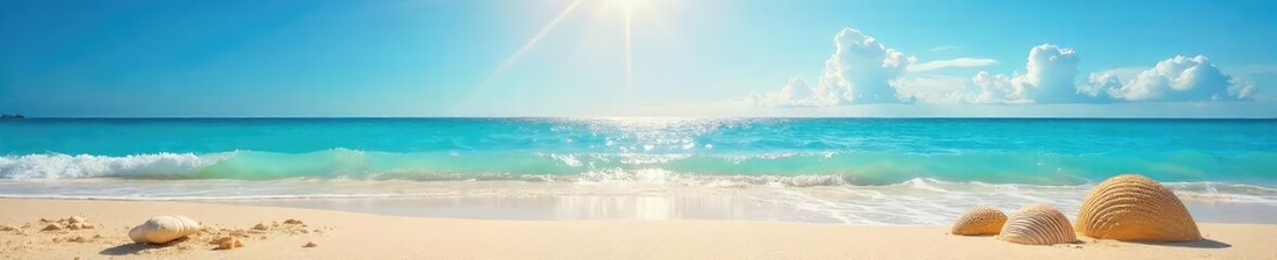 Obraz premium Golden sand meets azure ocean under a brilliant sun; perfect for relaxation and summer vibes Seashells, waves gently lapping the shore, clear blue sky , landscape, ocean