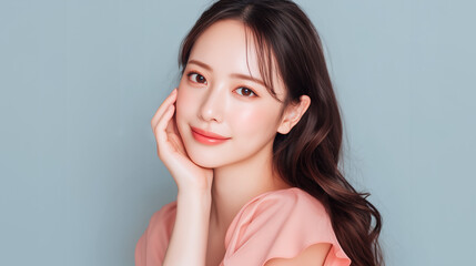 顔に手を当てる若い女性のポートレート、パステルソフトブルー背景