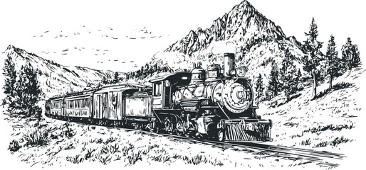 Fototapeta premium Vintage steam locomotive traveling through a mountainous wilderness landscape