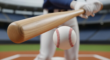 Close up of baseball player hitting ball with bat during game with blurred stadium background action shot