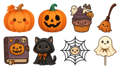 PNG Cute Halloween-themed cartoon stickers, element set on transparent background
