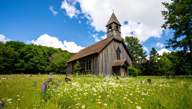 Rustic Church with Wildflower Meadow. (1) - Powered by Adobe