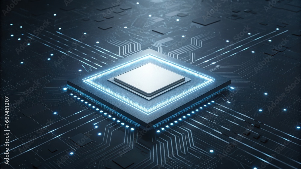 Poster sleek embedded circuit board with illuminated chip design