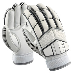 Close up of a pair of white cricket batting gloves on a black background