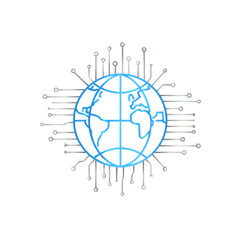 Blue globe with radiating silver circuit board lines and nodes on a black background world earth  PNG file download
