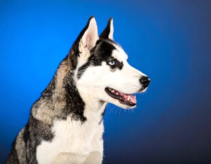 Husky portrait against a vibrant blue backdrop