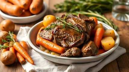 Classic American pot roast with beef chuck carrots and Yukon gold potatoes. Concept Classic American pot roast recipe with beef chuck, carrots, and Yukon Gold potatoes