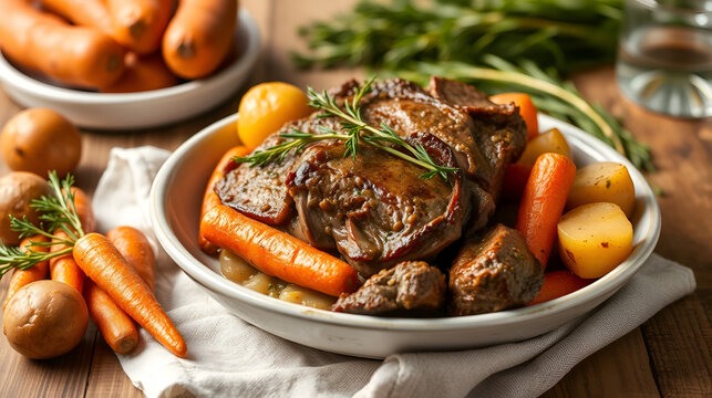 Classic American pot roast with beef chuck carrots and Yukon gold potatoes. Concept Classic American pot roast recipe with beef chuck, carrots, and Yukon Gold potatoes
