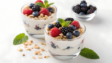 Fresh berry yogurt parfaits with granola and mint