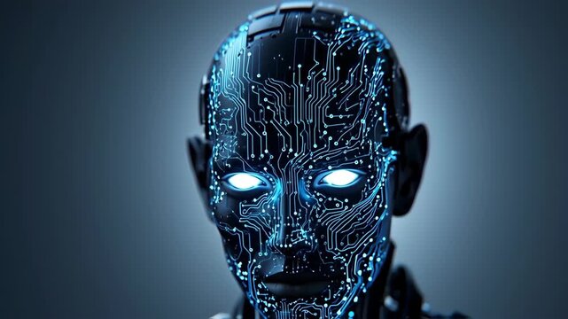 Close-up of a futuristic robot head.  Electronic circuitry patterns glow intensely on a dark, metallic face.  