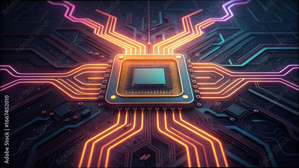 Poster neon energy trails on circuit board with flowing light patterns