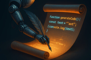 A robotic arm uses a quill pen to write glowing JavaScript code on an ancient scroll.