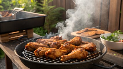 Deliciously grilled chicken drumsticks with smoke rising on a summer day