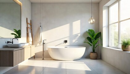 Modern minimalist bathroom with a single, freestanding bathtub, sleek fixtures, and natural light streaming through a large window Perfect for relaxation and spa-like ambiance , window, fixtures