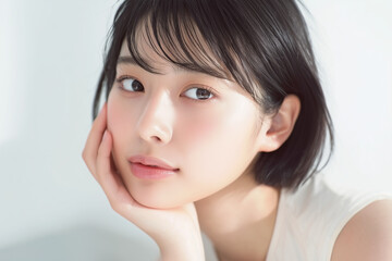 Naklejka premium ショートヘア、頬に手を当てるアジア人女性
