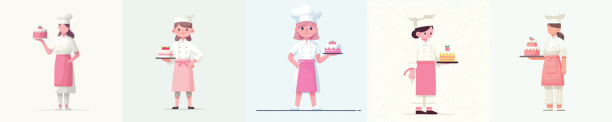 Female Pastry Chef Vector Set – Women Bakers with Cakes in Flat Design