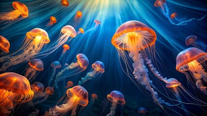 Bioluminescent jellyfish swarm illuminated by sunlight in deep ocean