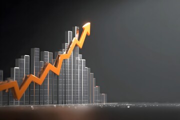 3D render of a stock market growth arrow going up on a graph with numbers and bar lines, an orange arrow pointing upwards,