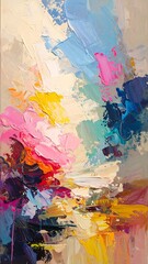 A vibrant abstract painting showcases a dynamic interplay of bold colors and textured brushstrokes.