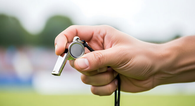 Referee blowing a sports whistle during a game signalling a stoppage of play in action - Powered by Adobe