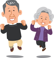 ジャンプするシニアのカップル