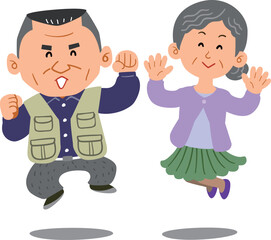 ジャンプするシニアのカップル